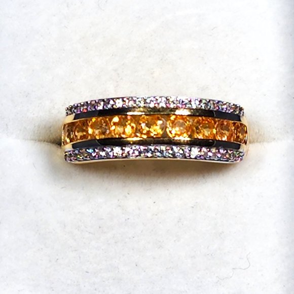 Premium Spessartine Garnet & White Zircon band ring in 14K YG over 925 SS sz 8 - Picture 1 of 6